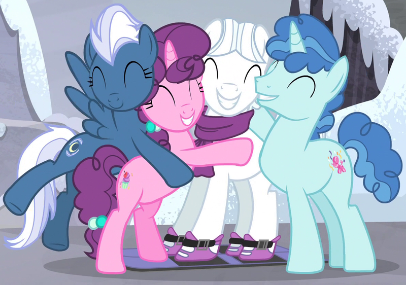 Size: 1187x834 | Tagged: safe, derpibooru import, screencap, double diamond, night glider, party favor, sugar belle, earth pony, pegasus, pony, unicorn, the cutie map, ^^, bipedal, clothes, cropped, cute, daaaaaaaaaaaw, double dawwmond, equal four, eyes closed, favorbetes, female, fixed, glideabetes, group hug, happy, hug, image, male, mare, png, scarf, skis, smiling, stallion, sugarbetes