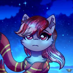 Size: 2500x2500 | Tagged: safe, artist:leah minik, derpibooru import, sugar moonlight, earth pony, pony, g5, my little pony: a new generation, background pony, bust, chest fluff, clothes, cloud, cute, ethereal mane, eye clipping through hair, eyebrows, eyebrows visible through hair, eyeshadow, female, glitter, gryffindor, harry potter (series), image, looking up, makeup, mare, night, night sky, png, sad, sad face, scarf, sky, sky background, solo, starry mane, stars, striped scarf