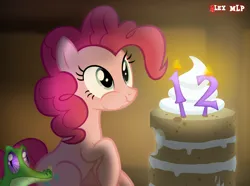 Size: 970x720 | Tagged: safe, artist:alex mlp, derpibooru import, edit, edited screencap, screencap, gummy, pinkie pie, earth pony, cake, candle, food, image, mlp fim's twelfth anniversary, png