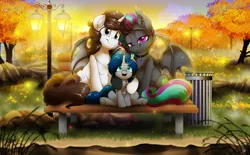 Size: 4000x2480 | Tagged: safe, artist:dormin-dim, derpibooru import, oc, oc:clover, oc:metronome circuit, unofficial characters only, bat pony, pony, unicorn, bat pony oc, bat wings, bench, chest fluff, horn, image, leaves, park, park bench, png, streetlight, trash can, tree, unicorn oc, wings