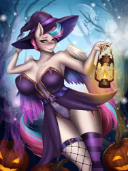 Size: 2625x3500 | Tagged: suggestive, artist:ashimaroo, derpibooru import, zipp storm, anthro, bat, g5, breasts, busty zipp storm, clothes, female, fishnets, halloween, hat, holiday, image, jack-o-lantern, lantern, lidded eyes, looking at you, moon, night, png, pumpkin, smiling, socks, solo, solo female, spread wings, stockings, striped legwear, thigh highs, tree, wings, witch hat