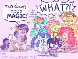 Size: 2048x1536 | Tagged: safe, artist:reyam, derpibooru import, applejack, fluttershy, pinkie pie, pipp petals, rainbow dash, rarity, twilight sparkle, alicorn, earth pony, pegasus, pony, unicorn, mlp fim's twelfth anniversary, eyes closed, g4, g5, image, jpeg, mane six, mobile phone, open mouth, phone, simple background, smartphone, white background