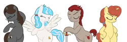 Size: 7007x2364 | Tagged: safe, alternate version, artist:duskyzombie, derpibooru import, oc, oc:fair devotion, oc:lawkeeper equity, oc:sonata, oc:sugar stamp, earth pony, pegasus, pony, unicorn, absurd resolution, bipedal, elements of justice, eyes closed, female, frown, image, mare, png, simple background, smiling, solo, spread wings, sword, transparent background, turnabout storm, vector, weapon, wings