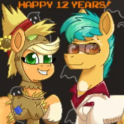 Size: 2488x2488 | Tagged: safe, artist:dyonys, derpibooru import, applejack, hitch trailblazer, earth pony, pony, mlp fim's twelfth anniversary, my little pony: tell your tale, clothes, coat markings, costume, freckles, g5, image, nightmare night, pixel art, png, raised hoof, scarecrow, scarface, smiling, suit, sunglasses, text