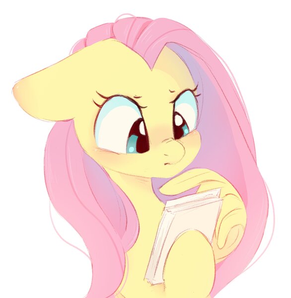 Size: 2780x2848 | Tagged: safe, artist:melodylibris, derpibooru import, fluttershy, pegasus, pony, floppy ears, furrowed brow, image, jpeg, nose wrinkle, paper, scrunchy face, simple background, solo, thinking, white background, wing hands, wings