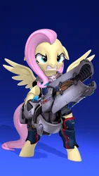Size: 2160x3840 | Tagged: safe, artist:owlpirate, derpibooru import, fluttershy, pegasus, pony, 3d, 4k, angry, bipedal, female, floppy ears, gradient background, gritted teeth, gun, high res, image, mare, overwatch, png, scowl, solo, source filmmaker, spread wings, teeth, weapon, wings, zarya