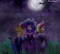 Size: 2641x2410 | Tagged: safe, artist:lumi-infinite64, artist:prismagalaxy514, derpibooru import, oc, bat, human, undead, vampire, equestria girls, cape, chains, choker, clothes, crossover, evil grin, fog, forest, grin, image, johnny test, night, png, smiling, smirk, solo, tecna, tree, winx, winx club, winxified