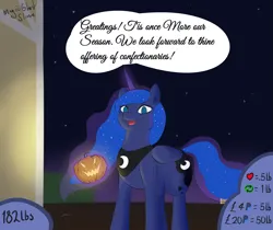 Size: 7405x6213 | Tagged: safe, artist:magicghostslime, derpibooru import, princess luna, alicorn, pony, absurd resolution, dialogue, female, halloween, holiday, image, incentive drive, jack-o-lantern, looking at you, night, nightmare night, note expansion, png, pumpkin, solo, speech bubble, stars, talking to viewer, this will end in weight gain