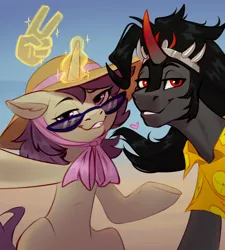 Size: 2624x2920 | Tagged: safe, artist:taneysha, derpibooru import, king sombra, oc, unicorn, beach, glasses, guardians of pondonia, hand, hat, image, looking at you, magic, peace sign, png, selfie