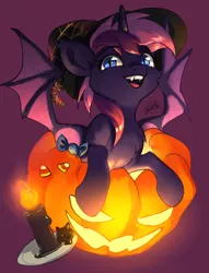 Size: 2680x3507 | Tagged: safe, artist:charlot, derpibooru import, oc, unofficial characters only, bat pony, pony, unicorn, bat pony oc, bat wings, candle, clothes, costume, fangs, halloween, halloween costume, hat, holiday, horn, image, jack-o-lantern, png, pumpkin, solo, unicorn oc, wings, witch hat