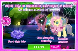 Size: 1960x1296 | Tagged: safe, derpibooru import, official, fluttershy, changedling, changeling, advertisement, changelingified, costs real money, english, female, flutterling, gameloft, horn, image, insect wings, jpeg, magic coins, numbers, sale, species swap, text, wings