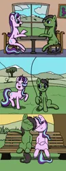 Size: 831x2148 | Tagged: safe, artist:realdash, derpibooru import, starlight glimmer, oc, oc:anon, oc:anon stallion, earth pony, pony, unicorn, aggie.io, bench, date, earth pony oc, female, happy, image, kite, kite flying, leaning, male, mare, pixel art, png, sitting, smiling, stallion, talking