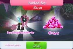 Size: 1271x853 | Tagged: safe, derpibooru import, official, fluttershy, changeling, bundle, changelingified, costs real money, english, female, flutterling, gameloft, gem, horn, image, insect wings, jpeg, magic coins, numbers, sale, species swap, text, wings