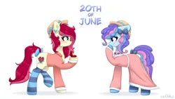 Size: 3840x2160 | Tagged: safe, artist:ev04ka, artist:ev04kaa, derpibooru import, oc, oc:sugar swirl, oc:velvet passion, unofficial characters only, earth pony, pony, clothes, dress, female, hat, image, jewelry, marriage proposal, png, rcf community, ring, simple background, socks, stockings, text, thigh highs, white background