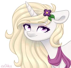 Size: 2250x2160 | Tagged: safe, artist:ev04ka, artist:ev04kaa, derpibooru import, oc, oc:winthria siriusa, unofficial characters only, pony, unicorn, clothes, eyeshadow, female, flower, flower in hair, image, makeup, png, rcf community, scarf, simple background, text, white background