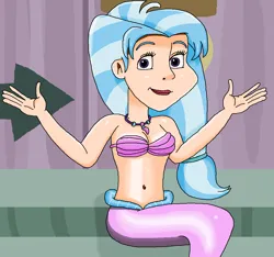 Size: 994x932 | Tagged: safe, artist:ocean lover, derpibooru import, silverstream, human, mermaid, school daze, season 8, spoiler:s08, beautiful, belly button, blue hair, bra, clothes, cute, diastreamies, disney style, door, female, fins, fish tail, hands in the air, human coloration, humanized, image, jewelry, lips, looking at you, mermaid tail, mermaidized, midriff, ms paint, necklace, pearl necklace, png, pretty, purple eyes, scene interpretation, seashell bra, shiny skin, smiling, solo, solo female, species swap, stairs, tail, underwear