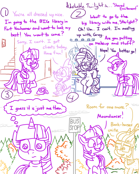 Size: 4779x6013 | Tagged: safe, artist:adorkabletwilightandfriends, derpibooru import, moondancer, spike, starlight glimmer, twilight sparkle, twilight sparkle (alicorn), alicorn, comic:adorkable twilight and friends, adorkable, adorkable twilight, autumn, bag, bus stop, carpet, clothes, cloud, cloudy, comic, cute, dork, excited, glasses, happy, hips, image, interior, leaves, lipstick, makeup, mirror, overcast, png, sad, saddle bag, sitting, skirt, slice of life, smiling, stairs, stool, sweater, thighs