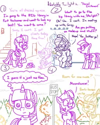 Size: 4779x6013 | Tagged: safe, artist:adorkabletwilightandfriends, derpibooru import, moondancer, spike, starlight glimmer, twilight sparkle, twilight sparkle (alicorn), alicorn, comic:adorkable twilight and friends, adorkable, adorkable twilight, autumn, bag, bus stop, carpet, clothes, cloud, cloudy, comic, cute, dork, excited, glasses, happy, hips, image, interior, leaves, lipstick, makeup, mirror, overcast, png, sad, saddle bag, sitting, skirt, slice of life, smiling, stairs, stool, sweater, thighs