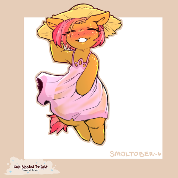 Size: 1200x1200 | Tagged: safe, artist:cold-blooded-twilight, derpibooru import, babs seed, pony, blushing, clothes, dress, eyes closed, female, filly, foal, freckles, hat, image, png, smiling, solo, solo female, straw hat, sundress, wide hips