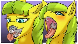 Size: 3700x2096 | Tagged: suggestive, artist:xyi, derpibooru import, oc, oc:lemon drop, oc:verlo streams, unofficial characters only, image, mawshot, open mouth, png, swallowing, tongue out, vore