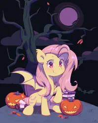 Size: 1347x1688 | Tagged: safe, artist:cherrnichka, derpibooru import, fluttershy, bat pony, book, candle, cloud, cloudy, female, halloween, holiday, image, leaves, looking at you, moon, png, pumpkin, solo, solo female