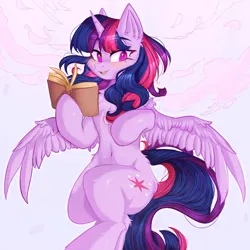 Size: 1000x1000 | Tagged: safe, artist:thieftea, derpibooru import, twilight sparkle, twilight sparkle (alicorn), alicorn, semi-anthro, book, cloud, cutie mark, eyebrows, flying, horn, image, looking at you, mlp fim's twelfth anniversary, png, purple eyes, simple background, smiling, solo, spread wings, wings