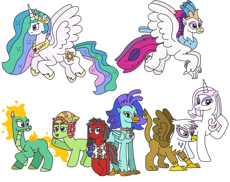 Size: 3094x2448 | Tagged: safe, artist:supahdonarudo, derpibooru import, fleur-de-lis, gilda, princess celestia, queen novo, tree hugger, oc, oc:ironyoshi, oc:sea lilly, alicorn, classical hippogriff, dragon, earth pony, gryphon, hippogriff, hybrid, longma, unicorn, them's fightin' herds, my little pony: the movie, bandana, camera, clothes, community related, flying, happy birthday mlp:fim, image, jewelry, looking at each other, looking at someone, mane of fire, mlp fim's twelfth anniversary, necklace, png, raised hoof, shirt, simple background, spread wings, tianhuo (tfh), transparent background, wings