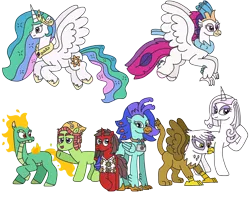 Size: 3094x2448 | Tagged: safe, artist:supahdonarudo, derpibooru import, fleur-de-lis, gilda, princess celestia, queen novo, tree hugger, oc, oc:ironyoshi, oc:sea lilly, alicorn, classical hippogriff, dragon, earth pony, gryphon, hippogriff, hybrid, longma, unicorn, them's fightin' herds, my little pony: the movie, bandana, camera, clothes, community related, flying, happy birthday mlp:fim, image, jewelry, looking at each other, looking at someone, mane of fire, mlp fim's twelfth anniversary, necklace, png, raised hoof, shirt, simple background, spread wings, tianhuo (tfh), transparent background, wings