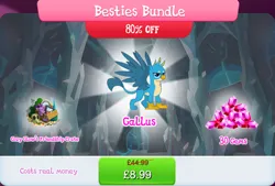 Size: 1267x857 | Tagged: safe, derpibooru import, official, cozy glow, gallus, rarity, twilight sparkle, gryphon, box, bundle, bush, costs real money, english, flower, gameloft, gem, image, jpeg, male, numbers, picture, picture frame, puppet, sale, skull, solo, solo focus, spread wings, text, wings