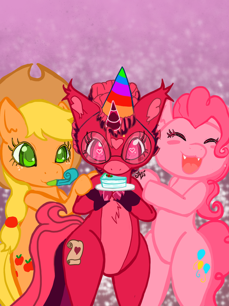 Size: 1620x2160 | Tagged: safe, artist:weegeepie-nightring, derpibooru import, applejack, pinkie pie, oc, oc:venus red heart, earth pony, pony, unicorn, applejack's hat, bipedal, birthday, birthday cake, birthday gift, cake, chest fluff, cowboy hat, cute, diapinkes, eyes closed, female, food, glasses, hat, image, jackabetes, mare, markings, open mouth, party hat, party horn, plate, png, trio, unshorn fetlocks