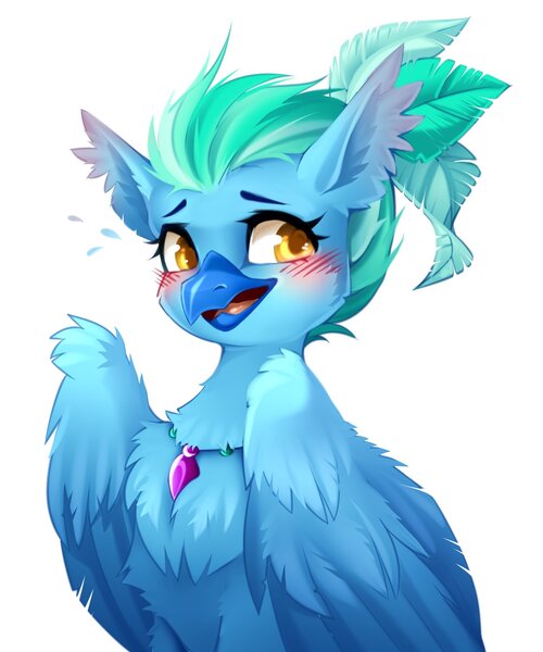 Size: 1707x2048 | Tagged: safe, artist:buvanybu, derpibooru import, oc, oc:diamond glitz, classical hippogriff, hippogriff, fanfic:set sail, blushing, bust, chest fluff, feather, female, flustered, image, jpeg, portrait, simple background, solo, white background, yellow eyes