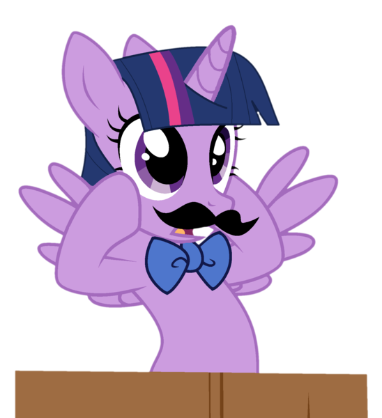 Size: 1568x1716 | Tagged: safe, artist:mint-light, artist:twilyisbestpone, derpibooru import, twilight sparkle, twilight sparkle (alicorn), alicorn, pony, base used, bowtie, cute, fake moustache, female, hooves on cheeks, image, mare, pegasus wings, png, simple background, solo, spread wings, transparent background, twiabetes, wings