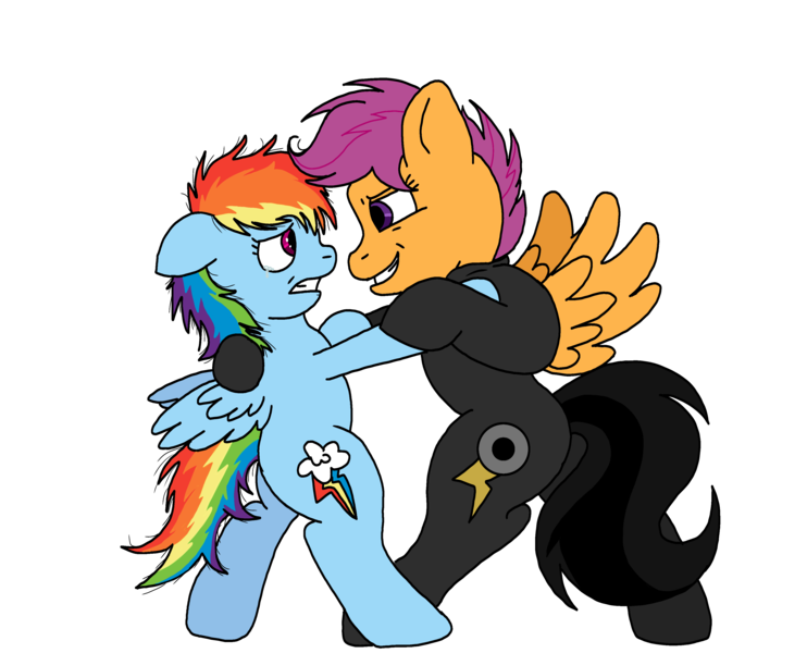 Size: 3643x2946 | Tagged: source needed, semi-grimdark, alternate version, artist:taeko, derpibooru import, rainbow dash, scootaloo, pegasus, pony, fanfic:rainbow factory, 2022, absentia, alternate cutie mark, alternate universe, bipedal, colored, crying, dancing, duo, dyed tail, evil grin, fanfic art, female, filly, filly rainbow dash, flat colors, foal, grin, gritted teeth, holding a pony, image, leaning forward, looking at each other, looking at someone, mare, older, older scootaloo, pegasus device, png, role reversal, scared, simple background, smiling, spread wings, tail, tears of sadness, teeth, this will end in death, this will end in tears, this will end in tears and/or death, transparent background, wings, younger