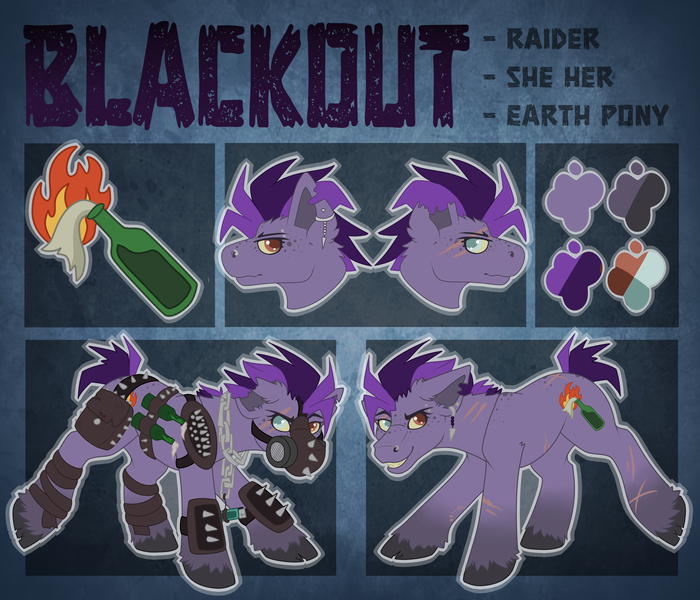 Size: 3500x3000 | Tagged: safe, artist:chvrchgrim, derpibooru import, oc, oc:blackout, unofficial characters only, earth pony, fallout equestria, earth pony oc, image, mohawk, molotov cocktail, piercing, png, raider, raider armor, reference sheet
