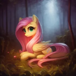 Size: 2048x2048 | Tagged: safe, derpibooru import, machine learning generated, stable diffusion, fluttershy, female, forest, image, png, tree