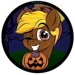Size: 3600x3600 | Tagged: safe, artist:sugardotxtra, derpibooru import, oc, oc:acres, cockroach, insect, candy, commission, cowboy hat, food, halloween, hat, holiday, image, one eye closed, png, pumpkin bucket, roachy, scary tree, tree, wink, ych result, your character here