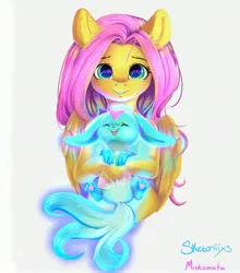 Size: 2900x3300 | Tagged: safe, artist:miokomata, artist:sketchiix3, derpibooru import, fluttershy, pegasus, pony, carbuncle, collaboration, crossover, cute, female, final fantasy, freckles, freckleshy, glow, grin, high res, holding, image, jpeg, looking at you, mare, shyabetes, simple background, smiling, smiling at you, white background