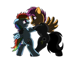 Size: 3643x2946 | Tagged: source needed, semi-grimdark, alternate version, artist:taeko, derpibooru import, rainbow dash, scootaloo, pegasus, pony, fanfic:rainbow factory, 2022, absentia, alternate cutie mark, bipedal, black suit, crying, dancing, derpibooru exclusive, duo, dyed tail, fanfic art, female, filly, filly rainbow dash, floppy ears, foal, gritted teeth, image, looking at each other, looking at someone, older, older scootaloo, pegasus device, png, role reversal, scared, shading, simple background, spread wings, tail, tears of sadness, teeth, this will end in death, this will end in tears, this will end in tears and/or death, transparent background, wings, younger