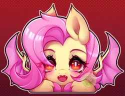 Size: 700x538 | Tagged: safe, artist:cabbage-arts, derpibooru import, fluttershy, bat pony, pony, bat ponified, cute, fangs, female, flutterbat, image, mare, open mouth, png, race swap, red background, shyabates, shyabetes, simple background, solo, unshorn fetlocks