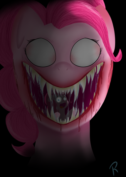 Size: 2000x2800 | Tagged: semi-grimdark, artist:reinbou, derpibooru import, pinkie pie, earth pony, pony, black background, blood, duo, duo female, female, image, light, pinkamena diane pie, png, scary, self paradox, self ponidox, simple background