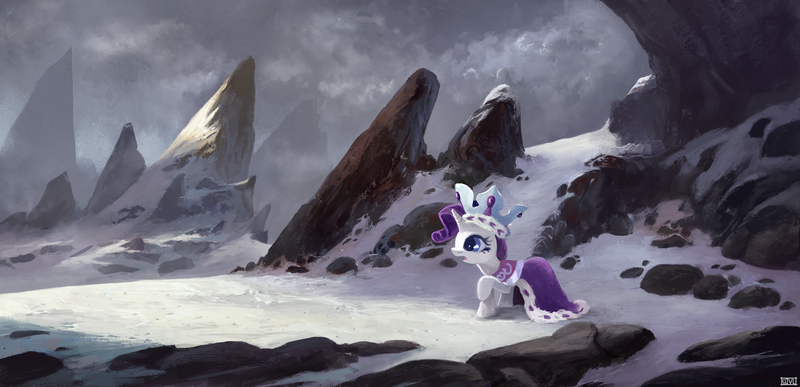 Size: 2276x1100 | Tagged: safe, artist:ajvl, derpibooru import, princess platinum, rarity, pony, unicorn, cloak, clothes, cloud, cloudy, crown, female, image, jewelry, mare, mountain, open mouth, png, raised hoof, regalia, rock, scenery, scenery porn, signature, snow, solo