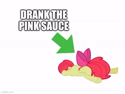 Size: 577x433 | Tagged: safe, artist:erockertorres, derpibooru import, apple bloom, arrow, dead, faceplant, image, impact font, jpeg, lying down, meme, pink sauce, prone, simple background, white background