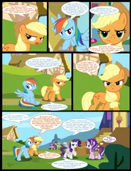 Size: 1042x1358 | Tagged: safe, artist:dendoctor, derpibooru import, amethyst star, applejack, derpy hooves, dinky hooves, doctor whooves, rainbow dash, starlight glimmer, time turner, alicorn, earth pony, pegasus, pony, unicorn, comic:clone.., alternate universe, bag, book, comic, female, g4, image, jpeg, mare, ponyville, saddle bag, twilight's castle