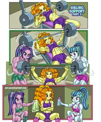 Size: 826x1000 | Tagged: safe, artist:art-2u, derpibooru import, adagio dazzle, aria blaze, sonata dusk, comic:sibling support, equestria girls, abs, acardio dazzle, aria buff, barbell, bench press, breasts, cleavage, clothes, commission, encouragement, female, image, jpeg, muscles, muscular female, pigtails, ponytail, sports bra, sweat, swolenata dusk, the dazzlings, towel, trio, trio female, twintails, water bottle, weight lifting, weights, workout, workout outfit