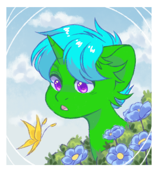 Size: 1100x1200 | Tagged: safe, artist:tvorozhok, derpibooru import, butterfly, insect, pony, unicorn, commission, ear fluff, flower, image, male, png, stallion, ych result