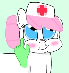 Size: 877x929 | Tagged: safe, derpibooru import, nurse redheart, earth pony, blushing, cheek pinch, disembodied hand, green background, hand, image, png, simple background