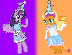 Size: 744x574 | Tagged: safe, artist:darlycatmake, derpibooru import, smolder, twilight sparkle, twilight sparkle (alicorn), alicorn, dragon, beautiful, clothes, costume, cute, dragoness, dress, dressup, duo, duo female, female, flying, froufrou glittery lacy outfit, gloves, halloween, halloween costume, happy, hat, hennin, holiday, image, long gloves, looking at you, open mouth, png, pretty, princess, princess smolder, smiling, smolderbetes, spread wings, waving, wings