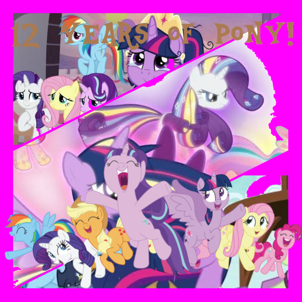 Size: 1044x1044 | Tagged: artist needed, safe, artist:decokenite, derpibooru import, applejack, fluttershy, pinkie pie, rainbow dash, rarity, starlight glimmer, twilight sparkle, alicorn, earth pony, pegasus, pony, unicorn, mlp fim's twelfth anniversary, the cutie re-mark, the last problem, twilight's kingdom, anniversary, female, happy, image, mane six, mare, png, rainbow power, stalin glimmer