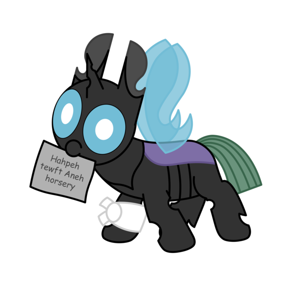 Size: 3000x3000 | Tagged: safe, artist:theunidentifiedchangeling, derpibooru import, oc, oc:[unidentified], changeling, mlp fim's twelfth anniversary, armband, buggo, changeling oc, cute, cuteling, derp, digital art, horn, image, intentional spelling error, mouth hold, paper, png, simple background, solo, spread wings, transparent background, wings