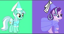 Size: 766x415 | Tagged: safe, artist:darlycatmake, derpibooru import, lyra heartstrings, starlight glimmer, earth pony, pony, unicorn, clothes, costume, dress, dressup, duo, duo female, female, halloween, halloween costume, happy, hat, hennin, holiday, image, long sleeves, png, princess, princess lyra heartstrings, princess starlight glimmer, smiling